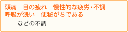 頭の痛み　眼の疲れ　慢性の疲労　自律神経の乱れ　慢性的な体調不良　などの不調